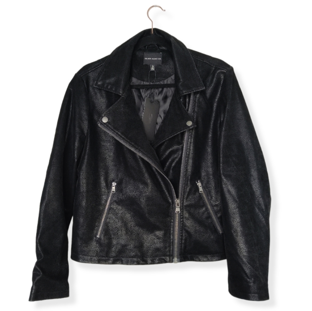 Silver Jeans Woman's Black Sibley Moto Faux-Leather Jacket | Size Large | NWT